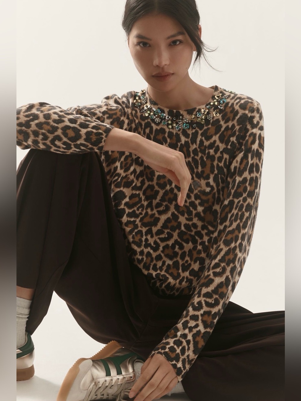 Essentiel Antwerp Leopard Print Crewneck Sweater with Embellished Neckline